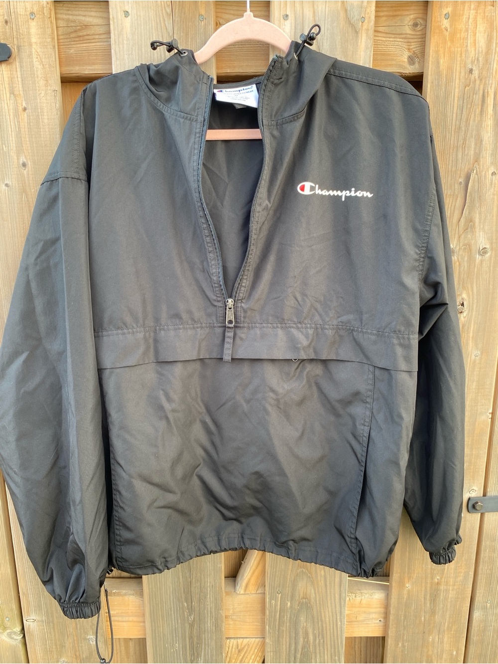 Champion Black Hooded Track Jacket with White & Red Logo